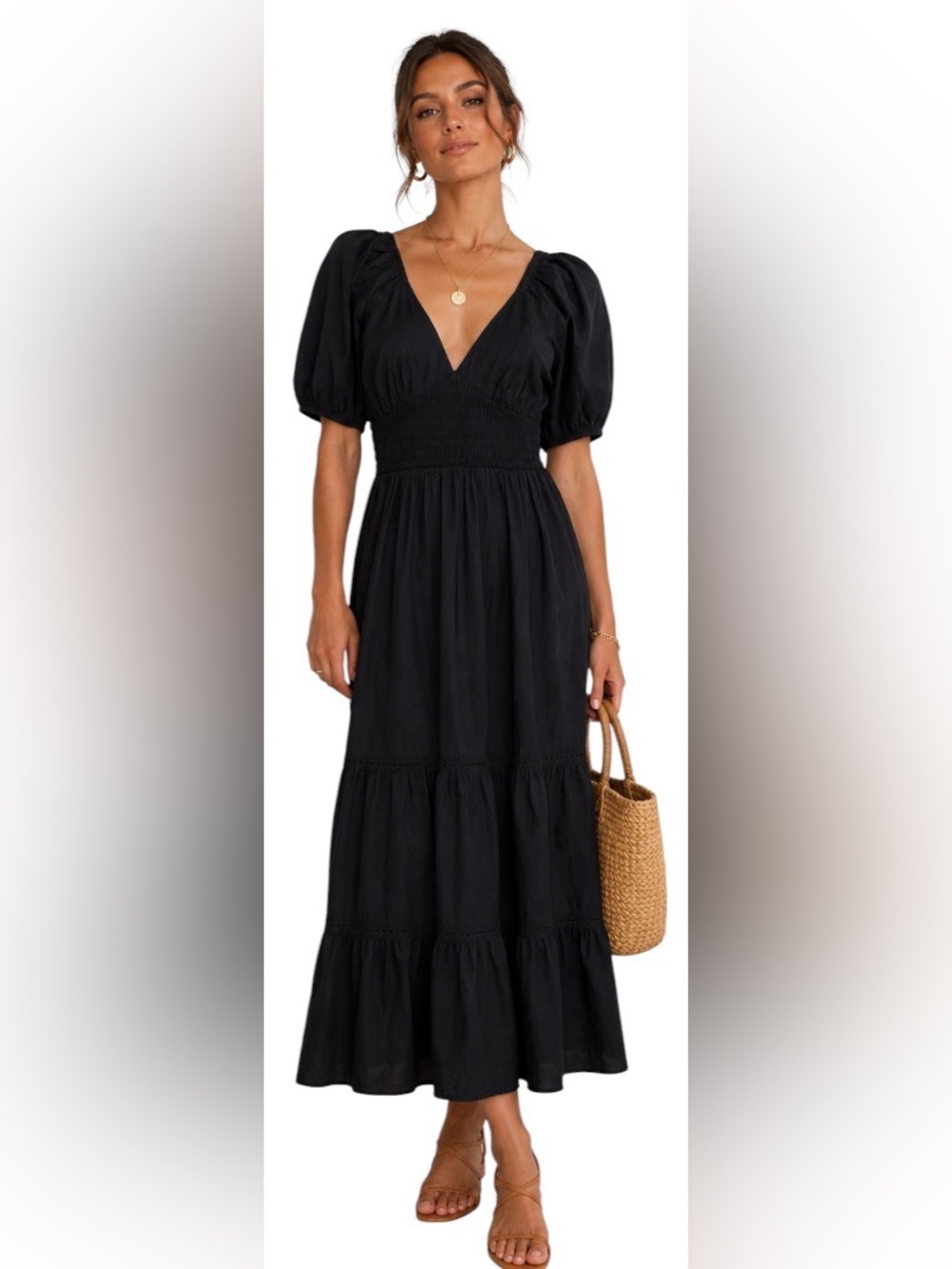ASOS DESIGN BLACK COTTON SMOCKED MIDI MAXI DRESS SIZE 4 NWOT PUFF SLEEVE BOHO